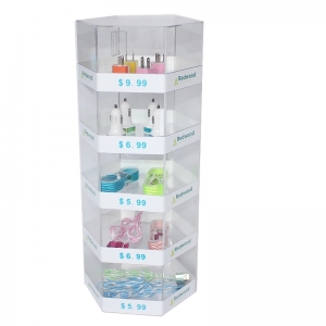 5 tier acrylic mobile phone accessory hexagon counter display stand with door 