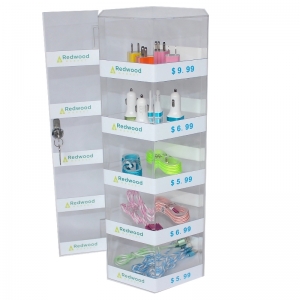 5 tier acrylic mobile phone accessory hexagon counter display stand with door 
