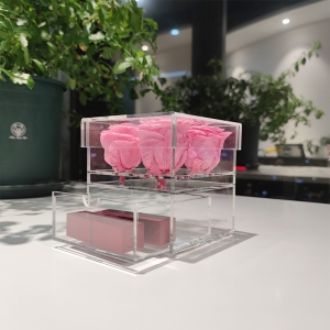 Transparent acrylic rose flower box with drawer for 4 roses 