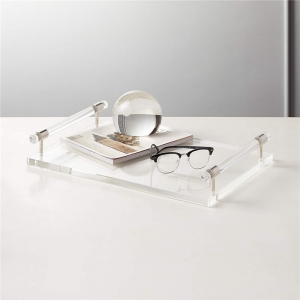 Wholesale transparent perspex acrylic serving tray with gold handles 