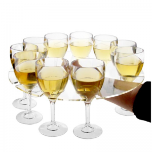 Round clear acrylic stemware wine glasses and wine holder trays 