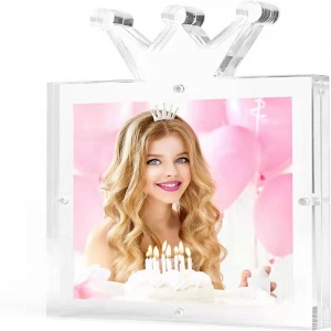 Double sided crown shaped clear magnetic acrylic floating photo picture frame 