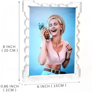 Double sided clear wave shaped frameless magnetic acrylic photo frame 