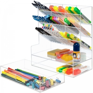 Large capacity lucite acrylic pen holder display stand with drawer 