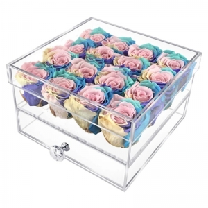 Clear square 16 holes lucite acrylic rose flower box with drawer 