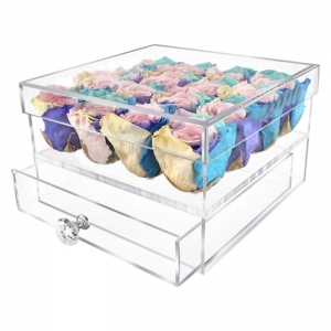 Clear square 16 holes lucite acrylic rose flower box with drawer 