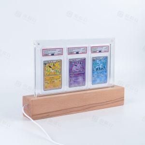 LED Light 3-Slot PSA Acrylic Display Stand with Wooden Base 