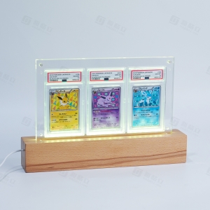 LED Light 3-Slot PSA Acrylic Display Stand with Wooden Base 